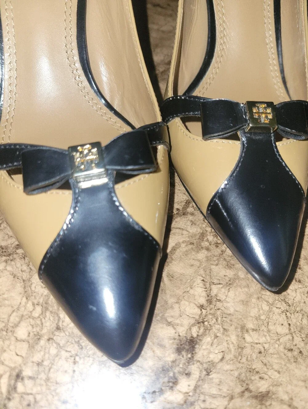 Tory Burch Leather Sling Back Pumps Black Camel 6
